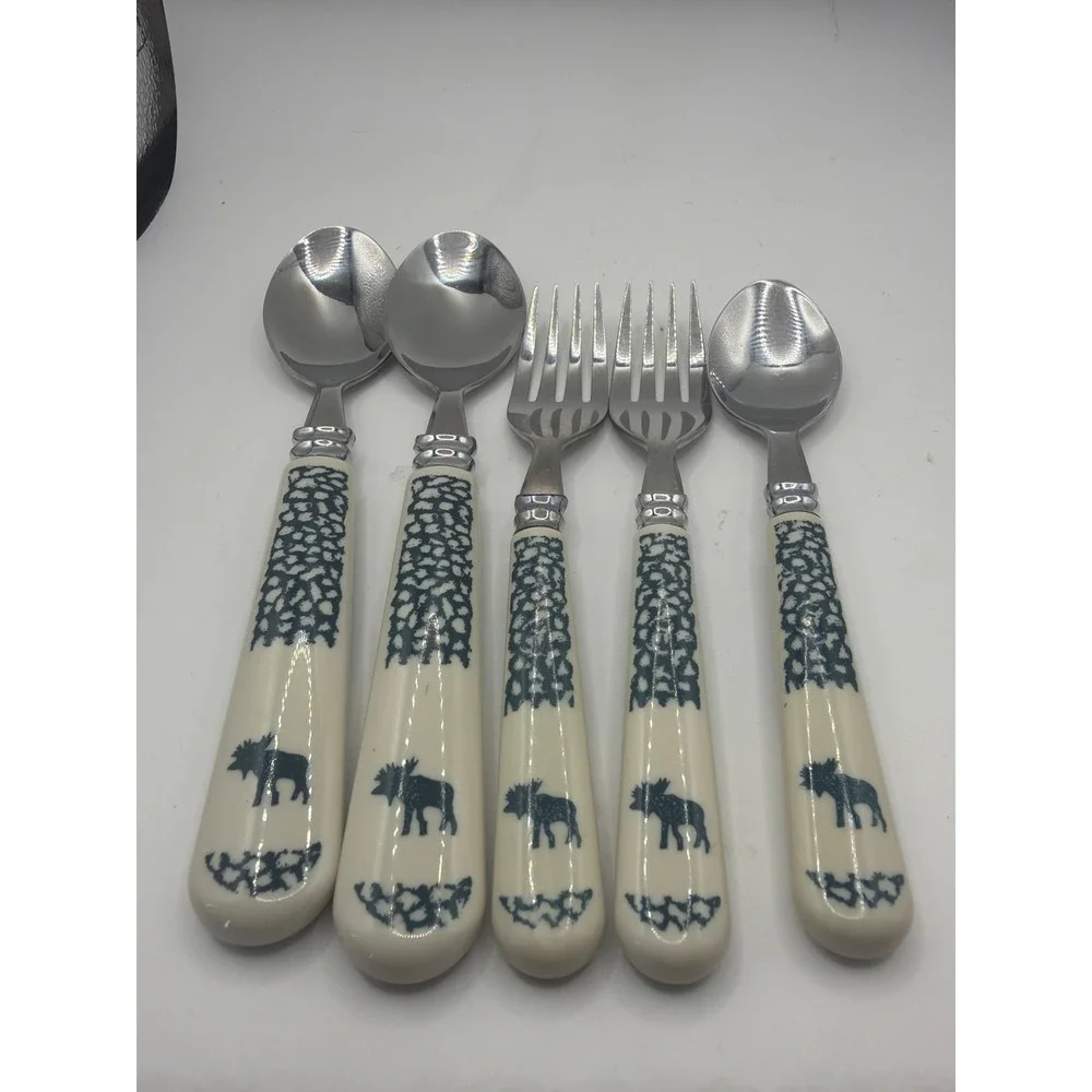 Folk Craft Moose Country 5 Pc Flatware Tienshan  2 forks 1 TeaSpoon 2 Tablespoon